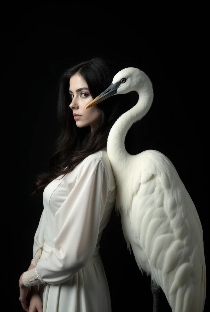 A striking, surreal portrait of a woman with dark hair standing beside a majestic white crane. The crane’s head is positioned cl...
