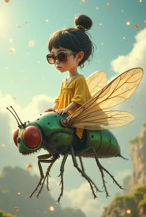 A whimsical, imaginative scene depicting a a young girl s with short, dark hair tied into a neat ponytail, wearing oversized...