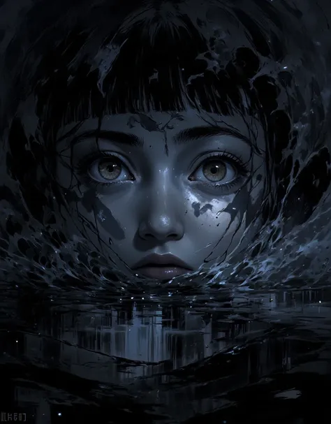 Blue and white bicolor illustration. Noir sinister nightmare world, horror, extreme close-up of woman's face, sadness, despair, ...