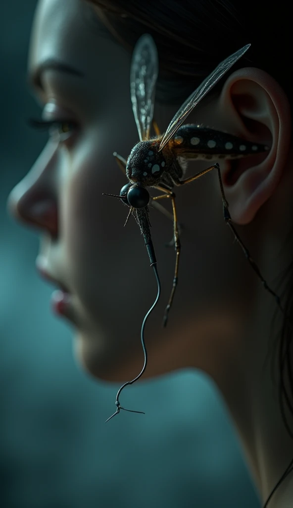 A mosquito sits with a microphone above a person's ear