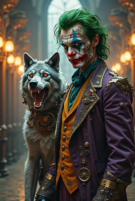 "Create a highly detailed steampunk portrait of a half-Joker, half-cyborg character standing in a grand, industrial Victorian ha...
