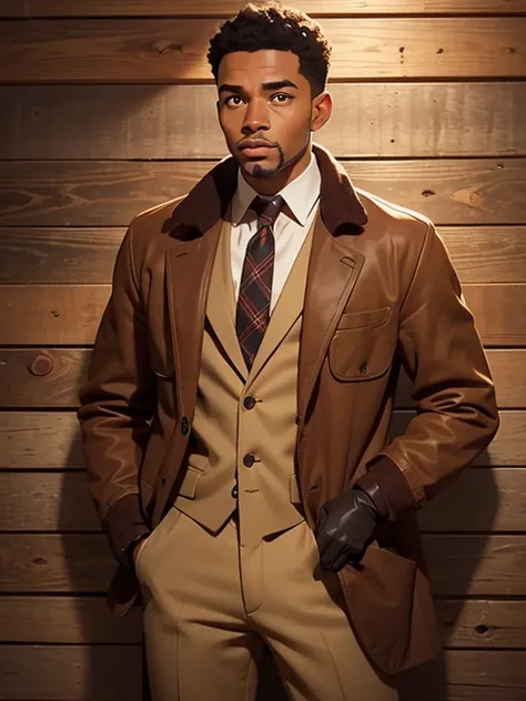 With a confident yet contemplative expression, a black man stands against a backdrop of warm, rustic wooden panels, dressed in a...