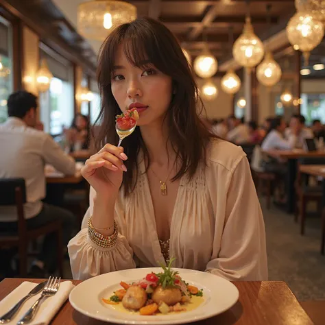 As a digital influencer make a image eating at different restaurant with different clothes