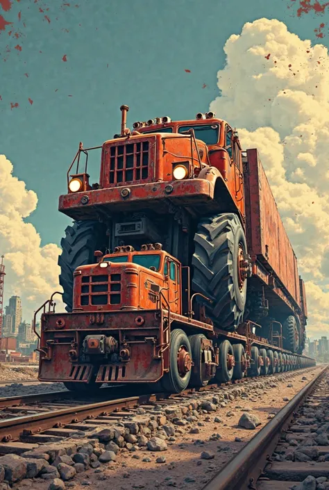 Create a poster featuring a freight car with a large car and a driver,escrito escrito,I do shipping.