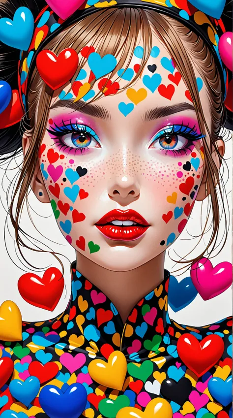 hyperrealism,  Copy the simple line acronym of，Abstract art，Yayoi Kusama Style , Colorful hearts,  cool design , pirate girl,  ...