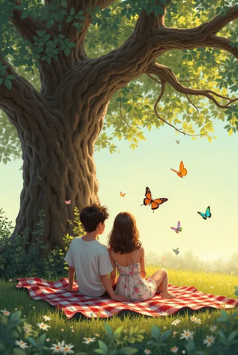 Picnic Under a Leafy Tree:** a couple is resting under the shade of a large oak, with butterflies perched on their flowery dres...