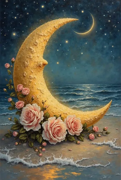 Detailed oil painting, dark fantasy style. A golden moon adorned with delicate roses resting on soft sand, calm sea and starry n...