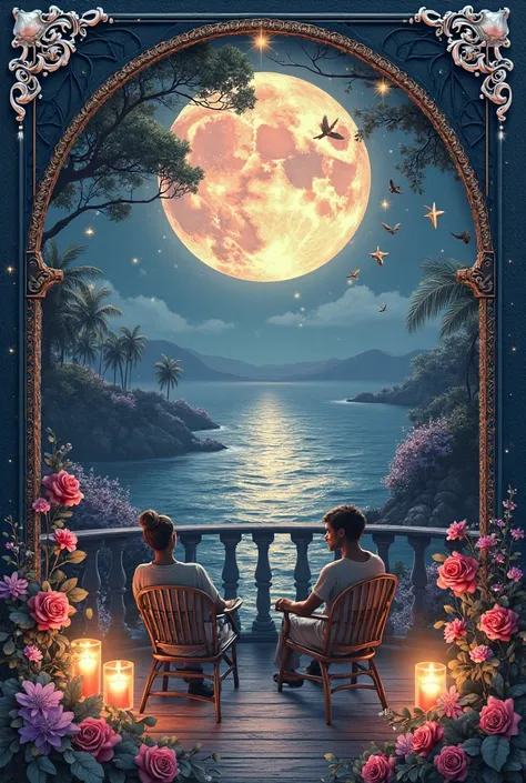 Design a high-resolution printable junk journal page titled: “Romantic Nights & Full Moon in Paradise”, part of the couple’s tra...