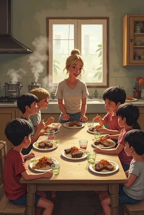 ---
Realistic image of a family in the kitchen:
Uma cozinha simples, with a rectangular table in the center. Ao redor da mesa...