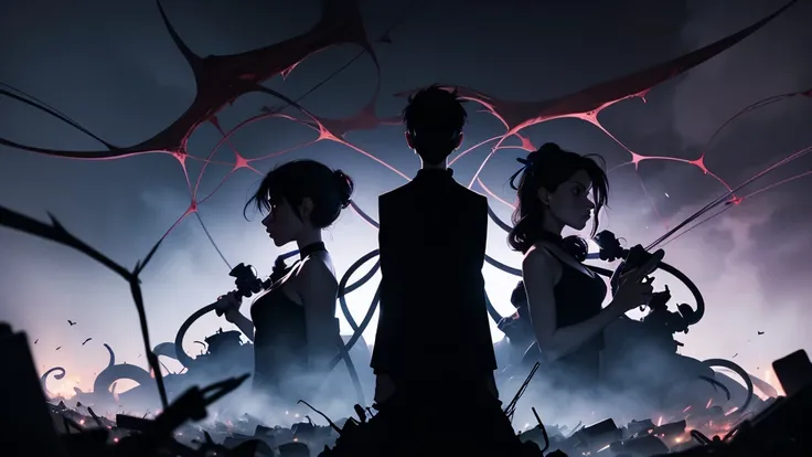 Symbolic representation of their dark, shared drive for control, violation, and chaos, using shadowy intertwined figures and omi...