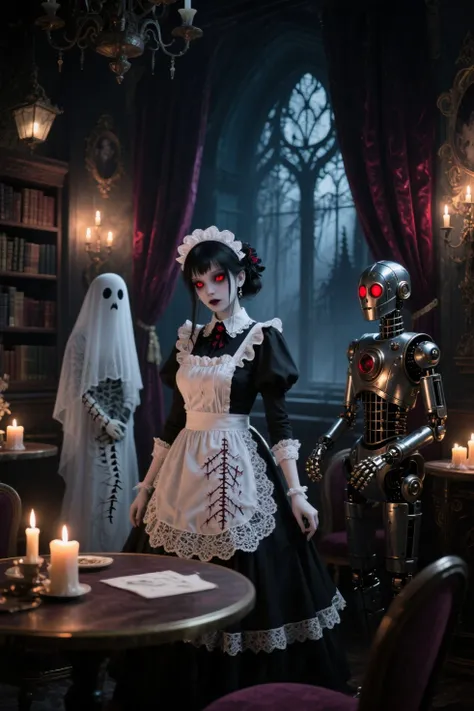 A gothic maid café set in a haunted manor at midnight. Each maid has a unique gothic fashion: victorian vampire, stitched doll, ...