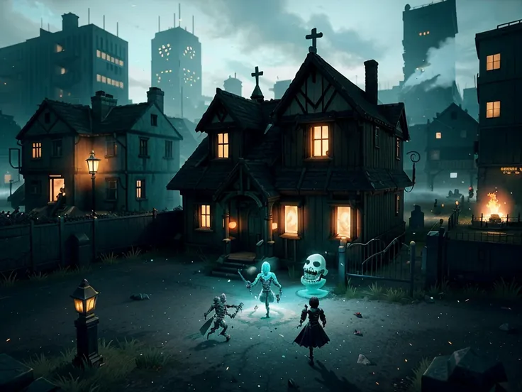 an ARPG isomorphic view of a gothic city, graveyard with piked fences. The buildings glow cyan with stylized cyan glowing steam...