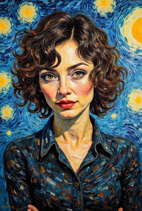 generate a oil painting worth milions dolars in Vincent van Gogh style. Brunette, short wavy Black Hair.