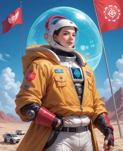 Cartoon Xi Jinping in a crimson and gold robe over a futuristic spacesuit. Calm and composed, he gently holds a shimmering jade-...