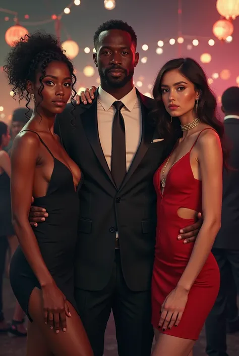 A well-dressed black man standing between a dusky girl and a fair looking girls in mini dress in a party