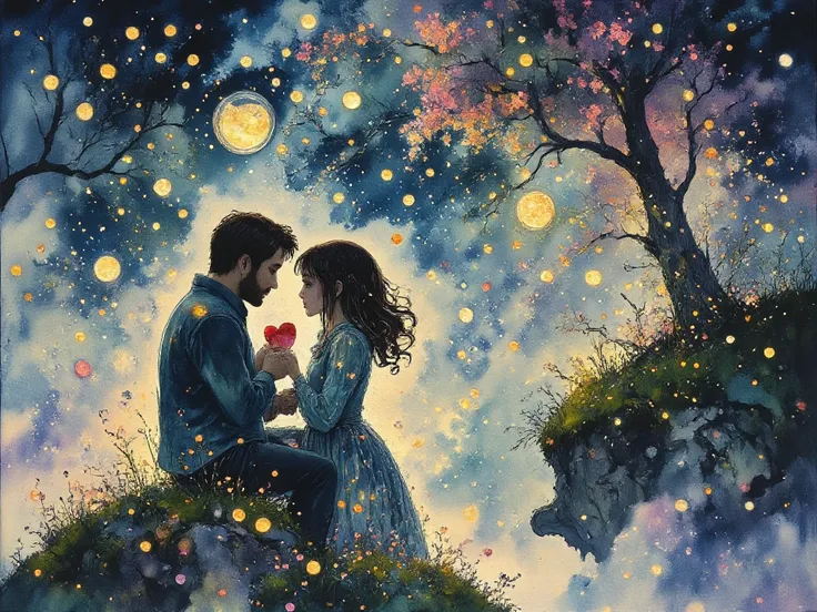 A curvy voluptuous brunette woman and a bearded muscular man sitting closely under a starlit sky, surrounded by soft grass and g...