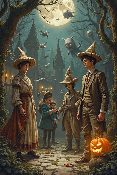 I want 12 vintage-style characters from old ren's books and with a Halloween theme Let them be human and men and all their bodie...