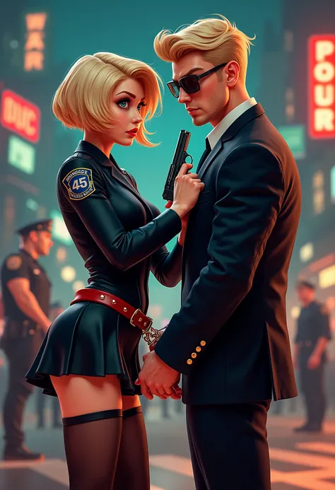 Attractive man, 45 years old, blue eyes, short blonde hair, wears a black suit, without a helmet being arrested by a charming 45...