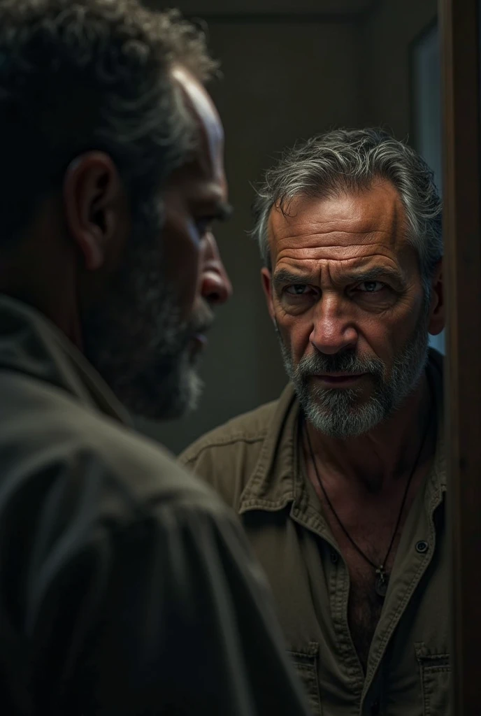 “Close-up of a serious man looking at himself in the mirror, low light, emotional intensity, dramatic shadows, inner transforma...