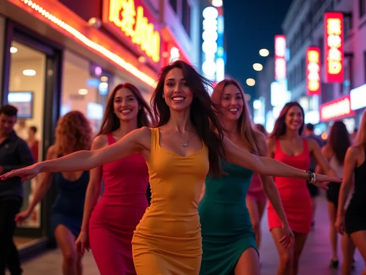 Well-dressed women dancing outside a nightclub