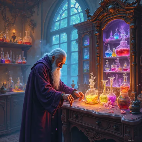 the magician's room　There is a medicine cabinet　They are blending colorful medicines
A bright and glittering room　