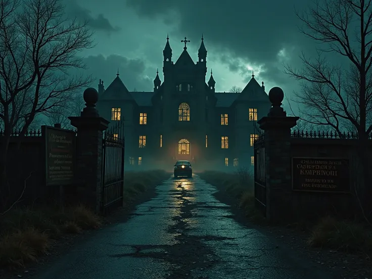 A dark, terrifying mental asylum resembling Mount Massive Asylum from Outlast. It's nighttime. The asylum looms in the distance—...
