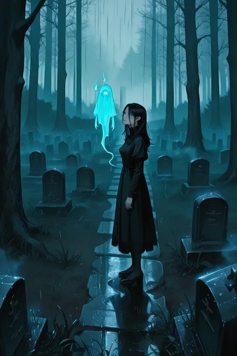 1girl, black hair, dress, cemetery, graves, fog, ghost, spirit, forest, rain, dark forest, gloom