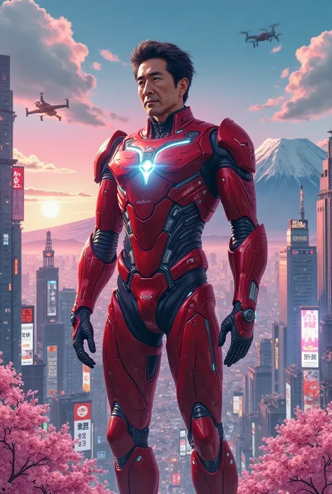 "A hyper-realistic, towering Shinzo Abe in a red-and-white cyberpunk exosuit, standing over Tokyo’s glowing skyline. His armor i...