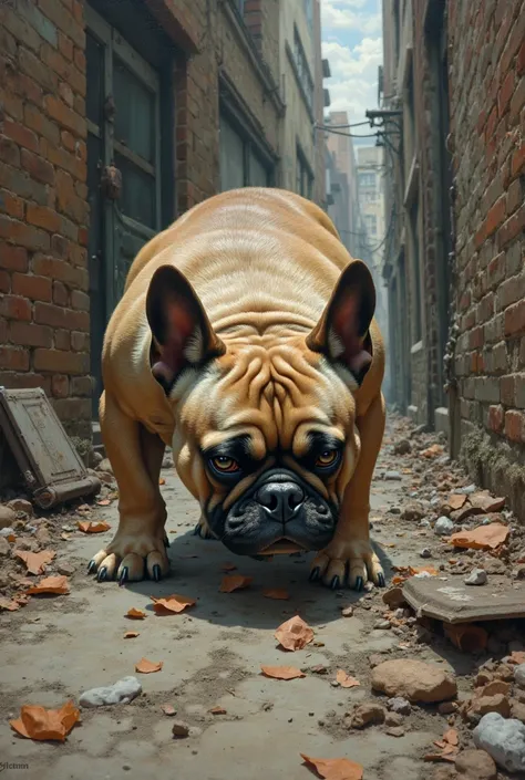 A realistic image of a French bulldog looking for food in the sad garbage