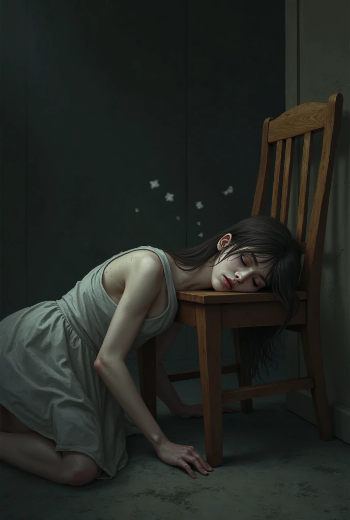 Fainted woman leaning on a chair