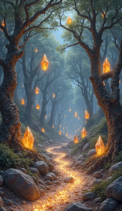 Prompt: A dense mystical forest under a glowing galactic sky, with floating golden gemstones growing like fruits on crystal tree...