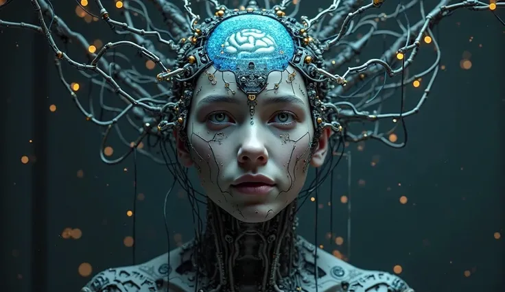 Human head with connected wires, engrenagens, digitized brain, mind control elements.