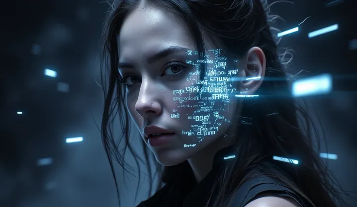 Woman's face、AI data、dark room、Text data that glows blue、High Quality、Realistic、professional、HDR、UHD、Studio Lighting、Extreme...