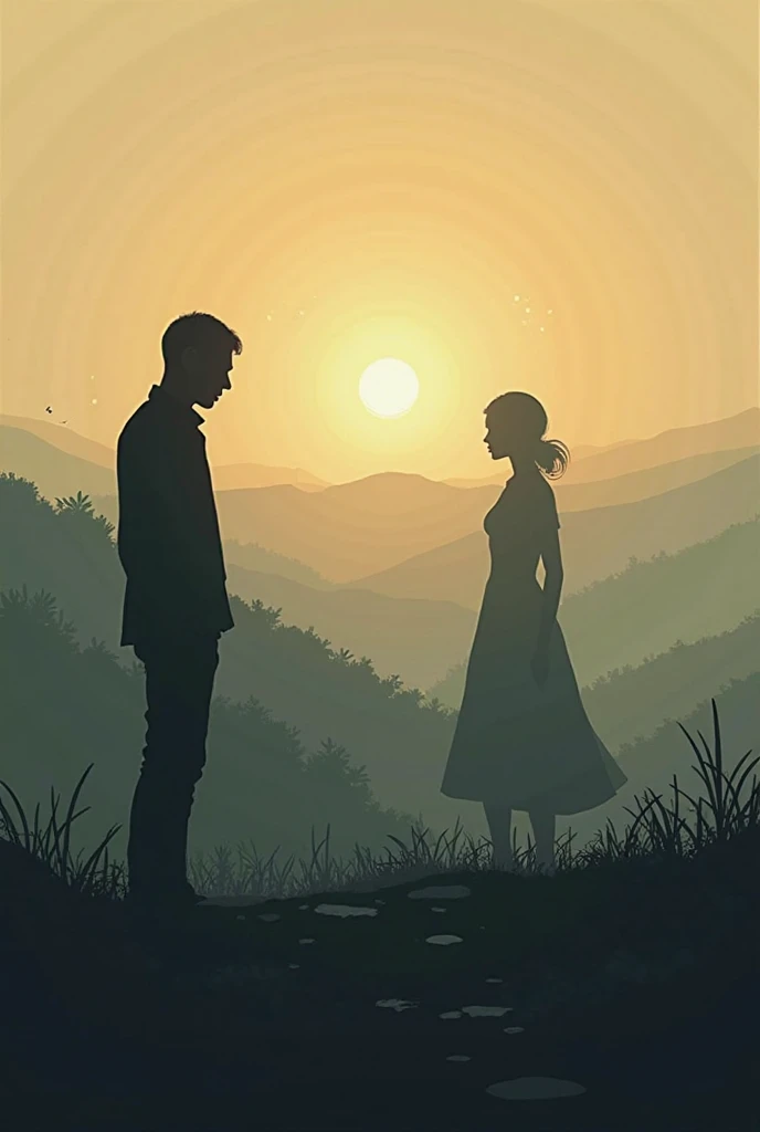 Generate for me the image of the shadow of a man watching the shadow of a woman filling up in the background of a landscape of d...