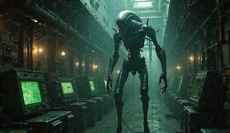 full body view of the alien, emerging from the shadows, Dark, claustrophobic interior of a futuristic spaceship inspired by the ...