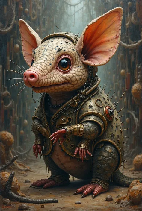 Oil painting, A steampunk cute armadillo, Royo influences, acrylic chalk style, dark fantasy,