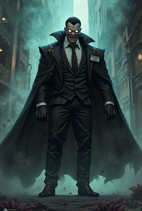 Cartoon supervillain with a big cape and glowing eyes steps out of shadows
Name tag says "Dr. Chaos", background smoky and dra...