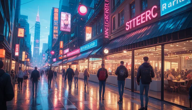 City made of mirrors, hypermodern mirrored architecture reflecting neon signs and streetlife, located in a bustling nighttime ur...