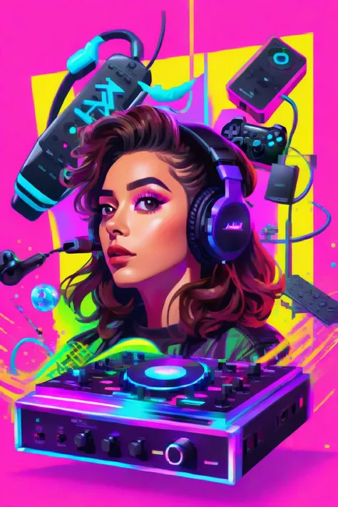 A cover for a Spanish trap music album made by YouTubers and streamers with a neon background and three objects: a controller, a...