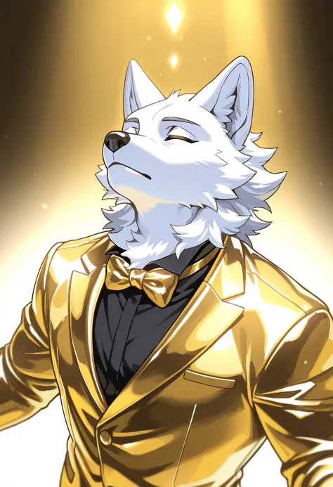 1boy, (furry, kemono:1.4),white wolf boy, animal black nose, pointed ears, solo, male focus, eyes closed, gold jacket, gold slac...
