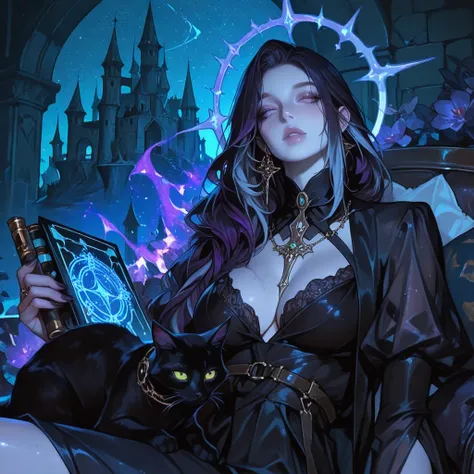 A stunning and voluptuous female fantasy witch, wearing an elegant, seductive Central European-style witch costume with fantasy ...