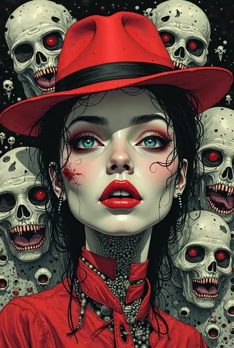 The beautiful face of a woman in a red fedora, a futuristic cybernetic cyborg with gears visible on her skin, takes center stage...
