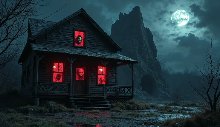 "Zoomed-in view of a decaying, haunted wooden house at the edge of a cursed mine, under the pitch-black sky of midnight. The moo...