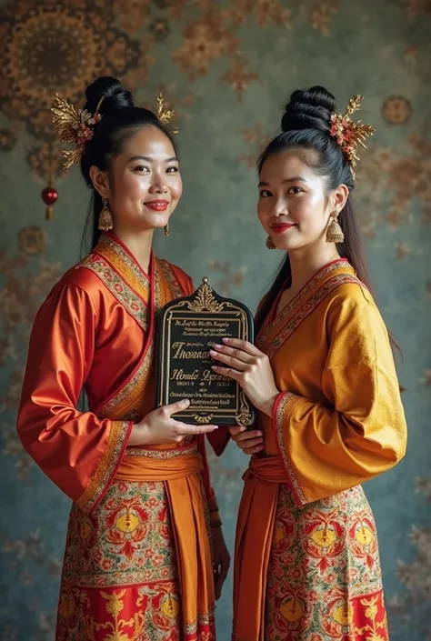 there are two people standing next to each other holding a plaque, sukhothai costume, in style of thawan duchanee, traditional p...