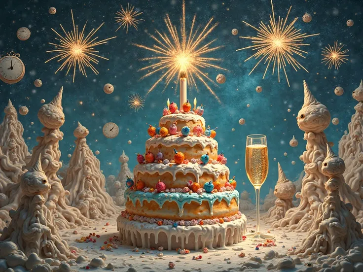Create a holiday card. For a birthday . In the style of Marina Abramovic, Salvador Dali and Leonardo da Vinci. with cake, with ...