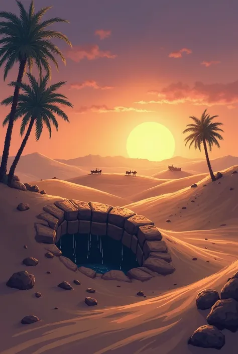 Solemn Quran-era A beautifully illustrated ancient desert scene at twilight. In the foreground, a dark, deep well or stone cage ...