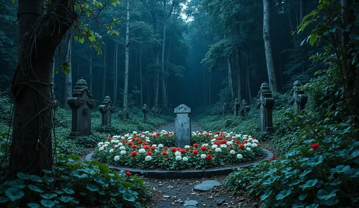 "At midnight, deep in a forgotten forest where no paths remain, an abandoned flower graveyard lies cloaked in an unnatural silen...