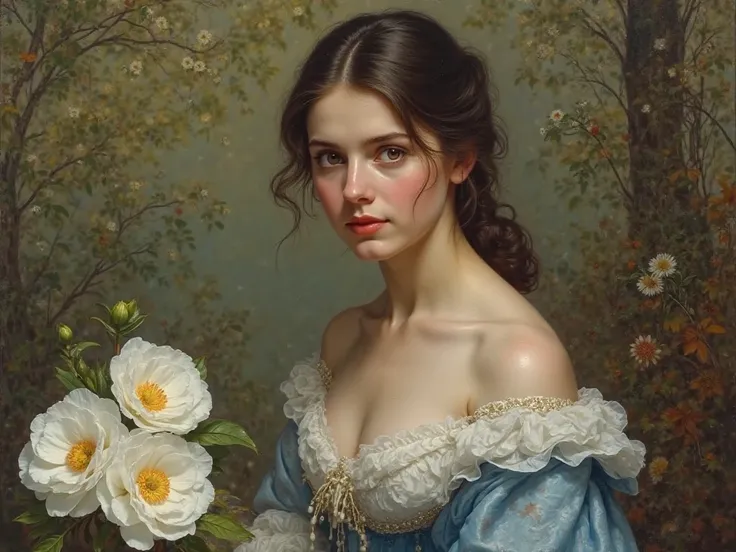 Portrait of a 19th century French, beautiful ,young woman. In a blue and white 19th century dress with a bouquet of white camel...