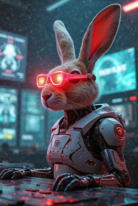 A cyborg hare in red holographic glasses, controlling the world from a futuristic control panel. Des écrans montrent 'False Flag...