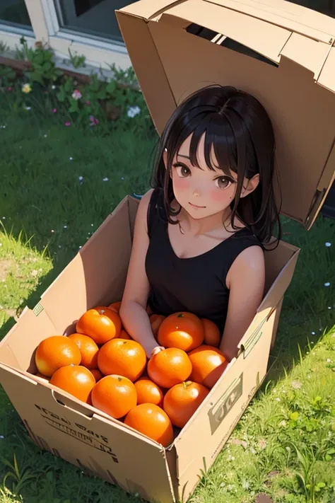 Girl buried in tangerines in a tangerine box
